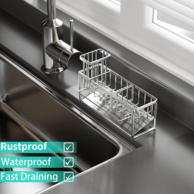 HapiRm Sponge Holder for Kitchen Sink - Self-draining Sink Caddy with Brush and Dishcloth Holders with Sloping Drainage - Silver