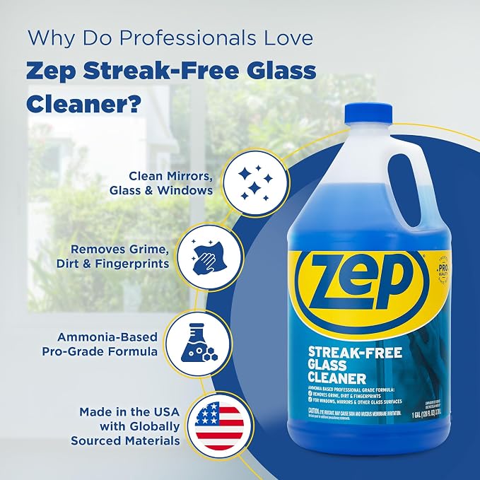 Zep Streak-Free Glass Cleaner - 1 Gallon (Case of 2) ZU11201282- Professional Grade Formula that Cleans Dirt, Fingerprints, Grime, Smoke Haze, and Toothpaste on Windows, Mirrors, and Other Glass