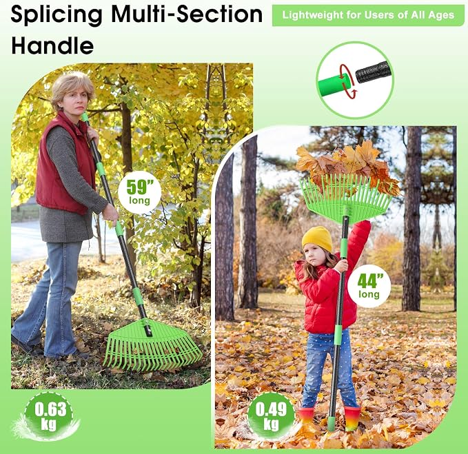 Garden Leaf Rake,16.5” Plastic Leaf Rake for Lawn,Unbreakable Nylon Head, No Harm to Lawn Grass,Yard Raking Tools for Turf Leaves Thatch Debris Pine Needle Cleanup, Lightweight for Kids Seniors