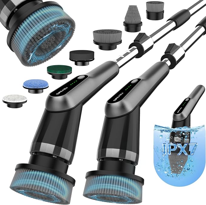Dreazu Pro Electric Spin Scrubber, 10-in-1 Shower Scrubber & Retractable Long Handle, 44 lbs High-Torque & Variable Speed Shower Cleaning Brush for Bathroom,Toilet, Bathtub, Kitchen, Tile Floors, Car