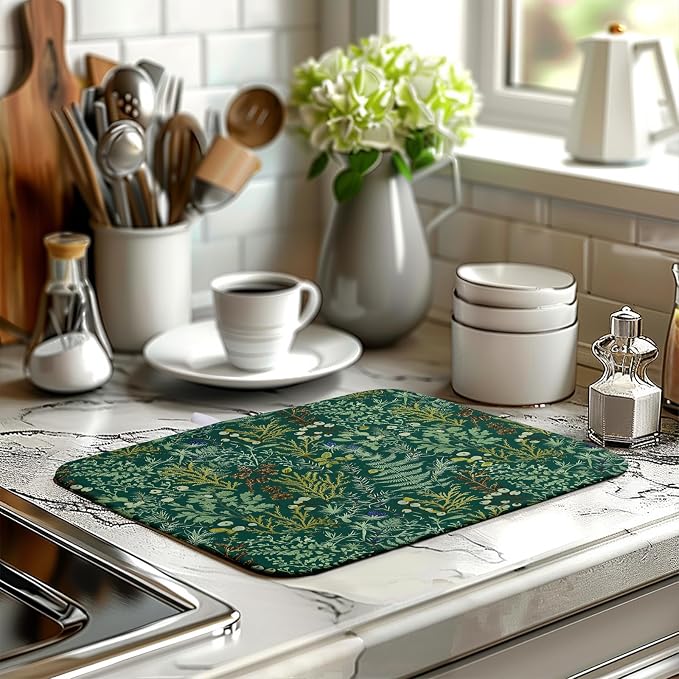 Dark Green Plant Dish Drying Mat for Kitchen Counter Vintage Botanical Floral Leaf Dishes Drying Mat Absorbent Microfiber Dish Draining Pad Washable Dish Drainer Rack Mats 16x18 Inch