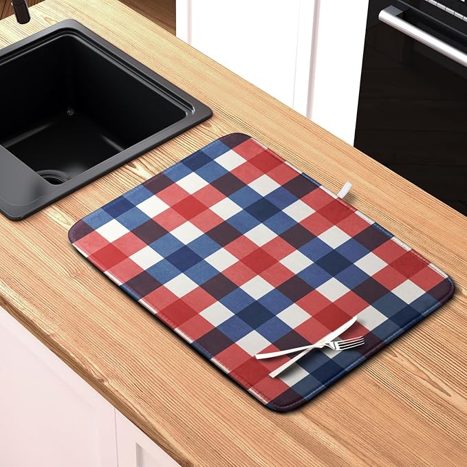 4th of July Dish Drying Mat Patriotic Buffalo Plaid Drying Mats for Kitchen Counter Absorbent Microfiber Dish Drainer Pad Independence Memorial Day Dish Draining Mat 16x18 Inch