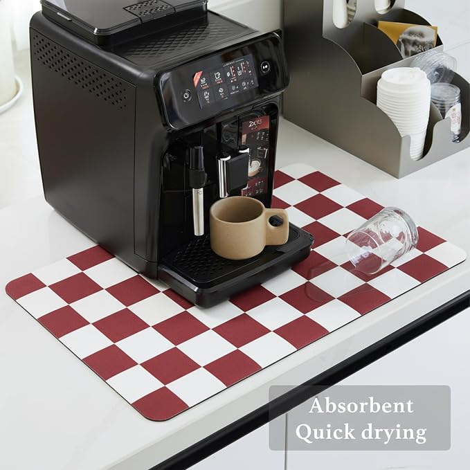 Ohocut Red Checkered Dish Drying Mat for Kitchen Counter, Coffee Bar Station Accessories, Retro Cute Aesthetic Modern Absorbent Drainer Mat Kitchen Drying Mat Easy Clean 19" x 12"