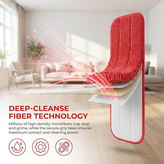12Pack Microfiber Mop Pads,Reusable and Washable Spray Mop Pads, Red | 18x 6 Inch, Wet and Dry Household Mop Pad Replacement, Set of 12(Red)