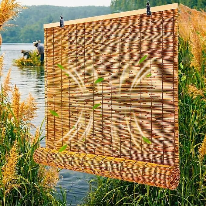 Bamboo Shades for Outdoor Patio Privacy 48" 52" 58" 68" 72" 74" 76" 78" W Light Filtering Bamboo Blinds Outdoor Roll up Shades for Porch Cordless Natural Blackout Bamboo Roller Blinds(26" W x 48" H)