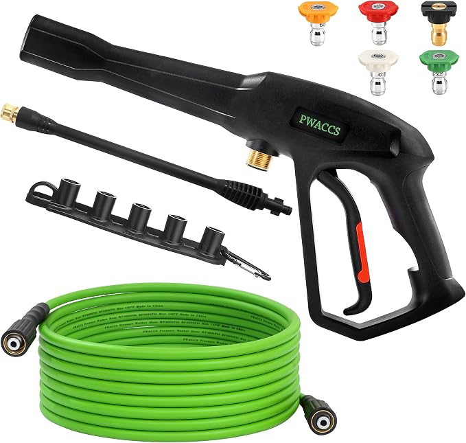 PWACCS Pressure Washer Gun and Hose Kit, 25 FT Power Washer Hose Wand | Replacement Extension Lance Wand, 5 Nozzle Tips with Holder, M22-14 Fitting, Compatible with Ryobi, Green Works & Karcher