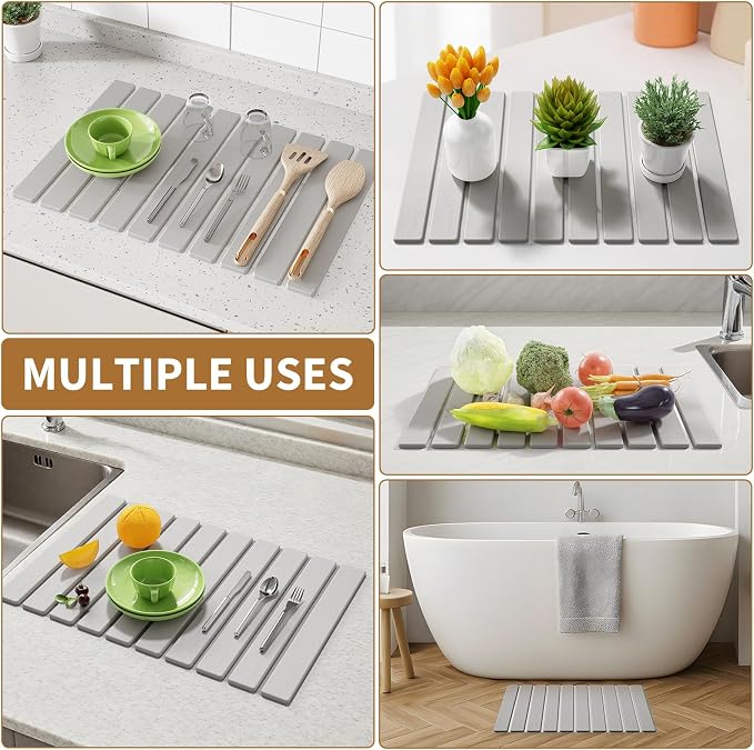Stone Dish Drying Mats for Kitchen Counter-23.6''x15.3'' Foldable Quick Dry Stone Mat Kitchen,Eco-Friendly,Absorbent Diatomaceous Earth Mats for Dishes Bottles Cups Bathroom Any Countertop-Light Gray