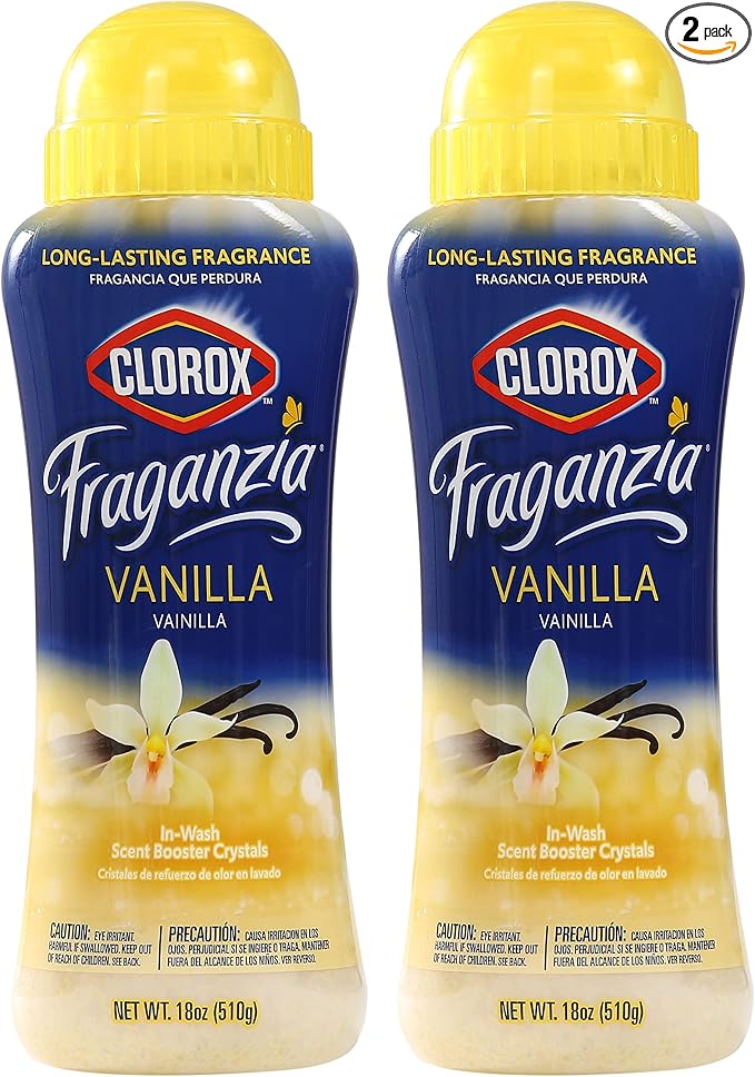 Clorox Fraganzia Laundry Scent Booster Crystals, In-Wash Fragrance Beads for Fresh-Smelling Clothes & Linens, Safe for All Fabrics & Colors, Easy-Pour Bottle, Vanilla Scent, 18 Oz, 2 Pack
