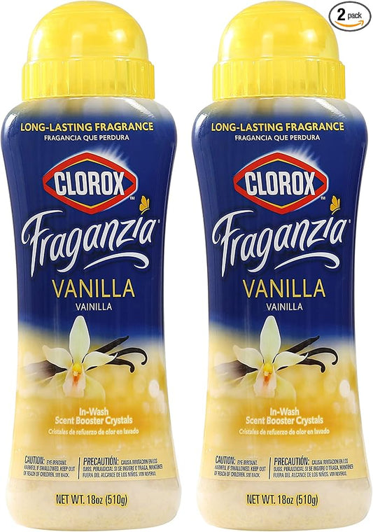 Clorox Fraganzia Laundry Scent Booster Crystals, In-Wash Fragrance Beads for Fresh-Smelling Clothes & Linens, Safe for All Fabrics & Colors, Easy-Pour Bottle, Vanilla Scent, 18 Oz, 2 Pack