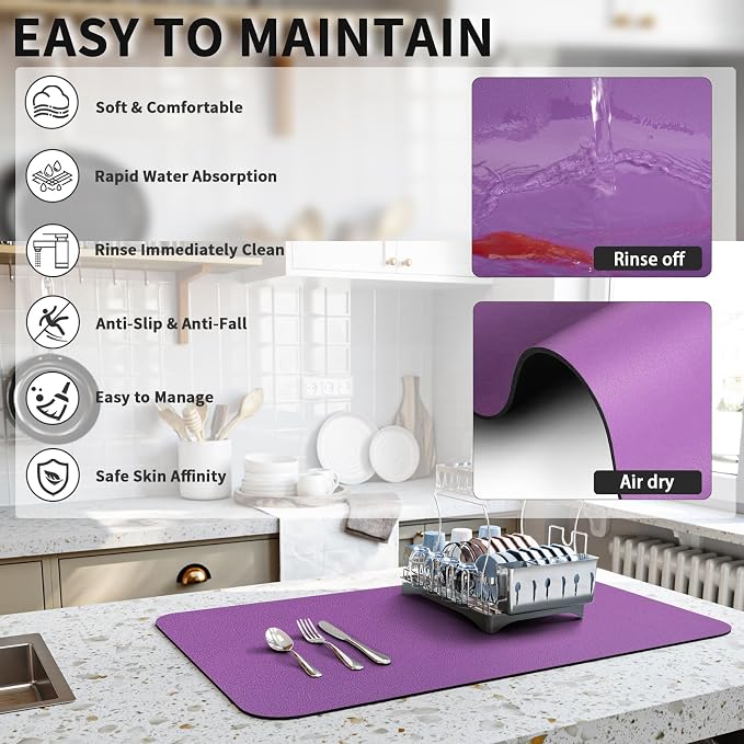 HotLive Dish Drying Mat for Kitchen Counter, Heat Resistant Drainer Mats with Non-slip Rubber Backed, Hide Stain Kitchen Super Absorbent Draining Mat, Easy to Clean Dish Rack Pad, Purple 18"x24"