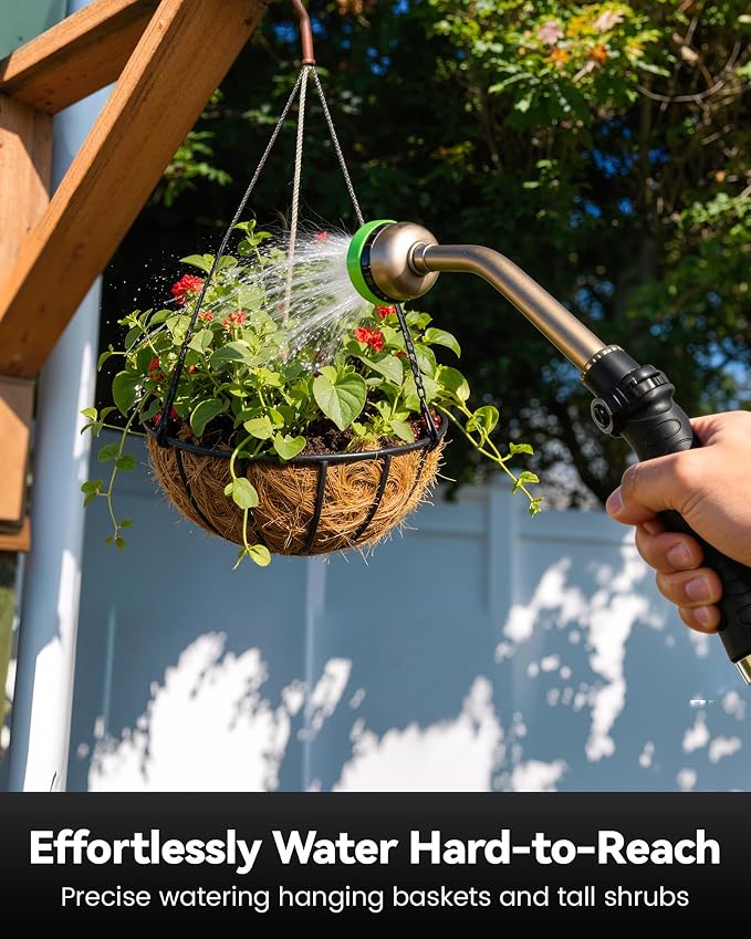 RAINPOINT Watering Wand For Garden Hose, 16 Inch Metal Hose Nozzle Wand with 9 Spray Patterns, Long Hose Sprayer For Hanging Baskets, Shrubs,Lawn