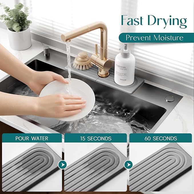 eormoe Faucet Mat for Kitchen Sink - Wider Diatomite Fast Drying Stone Sink Tray, Super Absorbent, Prevents Moisture Buildup - Faucet Splash Guard for Bathroom Counter (Grey, 15x5.3inch)