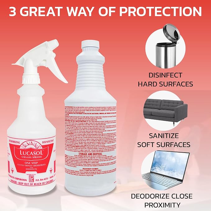 Lucasol One Step Disinfectant, 32 Fl Oz Disinfectant & 24 Oz Empty Refillable Spray Bottle Combo. Multi Purpose Cleaner Spray For Hospitals, Schools, Salons, Household Cleaning And More