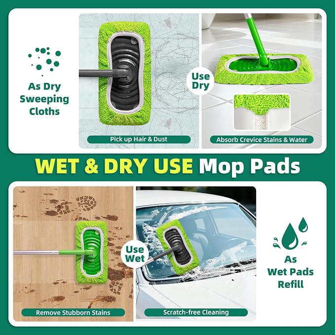 Reusable Mop Pads Compatible with Swiffer Sweeper - Pet Heavy Duty Wet Cloth Refills & Multi-Surface Dry Sweeping Cloth Refill - Washable Wet Pads Refill for Mopping Floors (Mop not Included)
