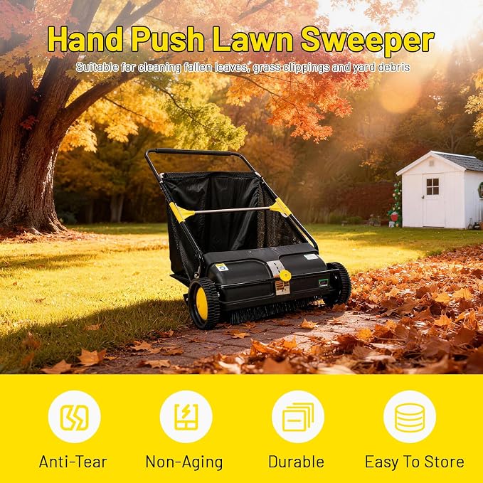 21 Inch Push Lawn Sweeper, Hand Powered Leaf & Grass Sweeper with 7 Cu Ft Hopper, 4 High-Speed Brushes, Height Adjustable, ABS & Steel Frame for Yard Lawn Cleanup (21 Inch Black)