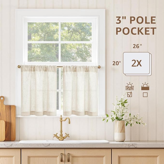 jinchan Rustic Linen Rod Pocket Tier Curtains, 26x20, 2 Panels, Natural | Light filtering, cafe curtains, machine washable, farmhouse, kitchen, bathrooms, laundry, small window, over sink