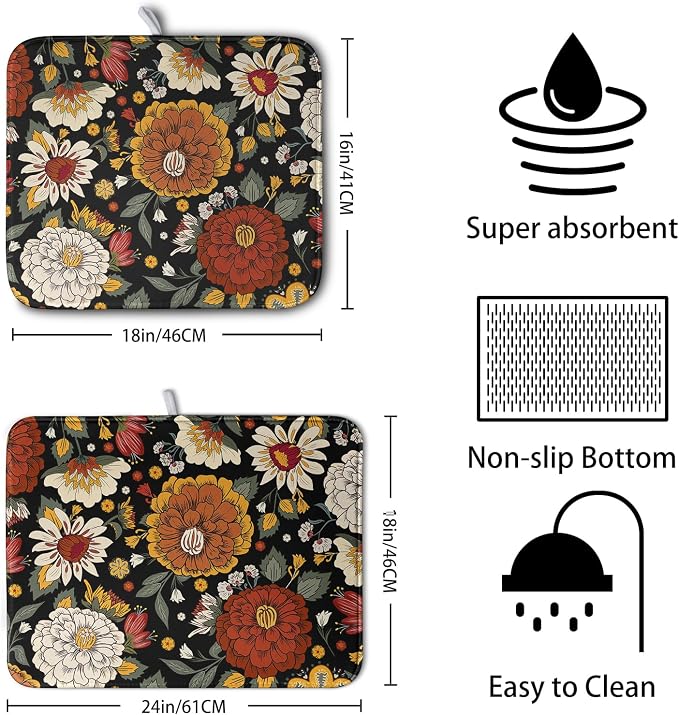 Vintage Floral Dish Drying Mat for Kitchen Counter Retro Sunflower Floral Absorbent Microfiber Dry Dish Mat Reversible Washable Dish Drainer Rack Mat Large 18x24 Inch