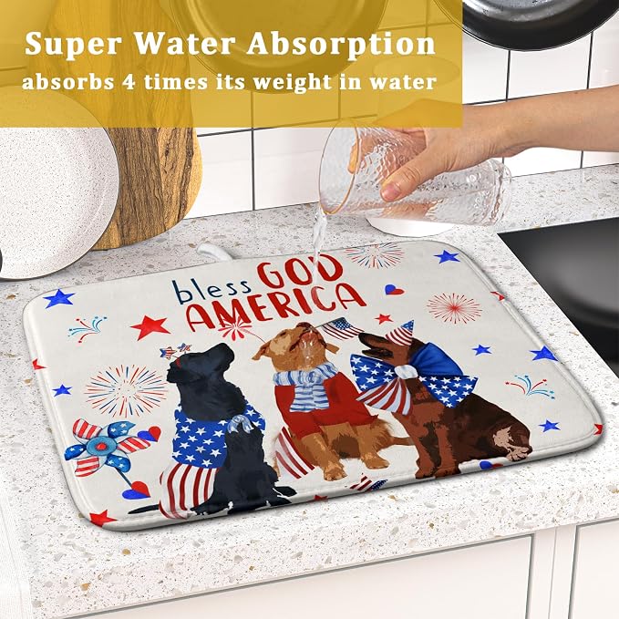 Giwawa 4th of July Patriotic Dogs Dish Drying Mat American Independence Day Dish Dry Pad 16"x18" Absorbent Dishes Drainer Mat for Kitchen Counter