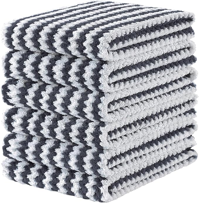 Homaxy Kitchen Towels(6 Pack, 10 x 20 inches), Ultra Soft and Absorbent Dish Towels, Reusable Fast Drying Microfiber Cleaning Cloth, Coral Velvet Wave Design No-lint, Dark Grey