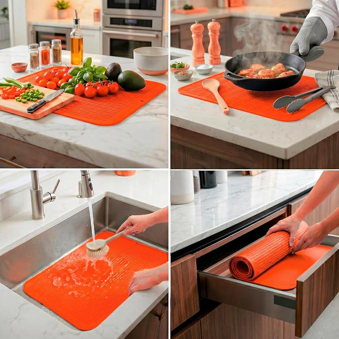 MicoYang Silicone Dish Drying Mat for Multiple Usage,Easy clean,Eco-friendly,Heat-resistant Silicone Mat for Kitchen Counter or Sink,Refrigerator or Drawer Liner Orange 2XL 24 inches x 18 inches