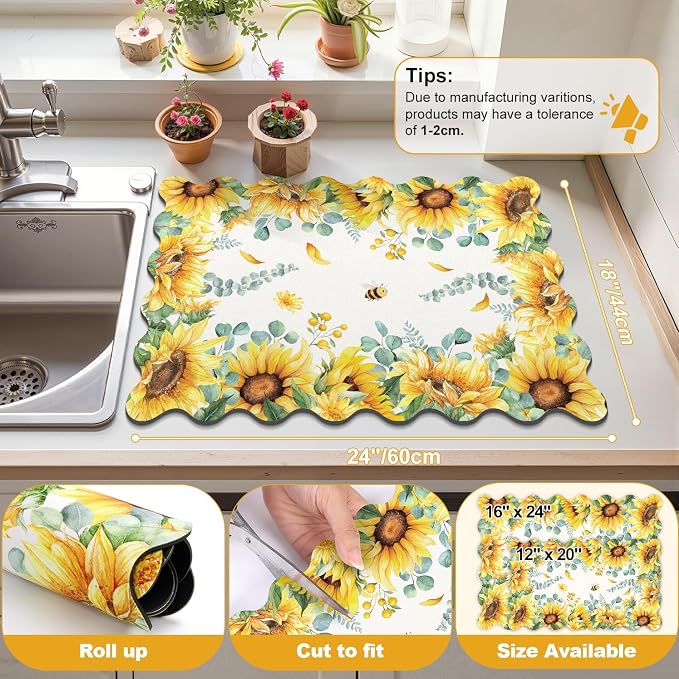LOKHOM Scalloped Floral Dish Drying Mat, 18"x24" Super Absorbent Coffee Mat with Watercolor Yellow Sunflowers, Cuttable Hide Stain Non-slip Drying Mat for Kitchen Counter Coffee Maker Espresso Machine