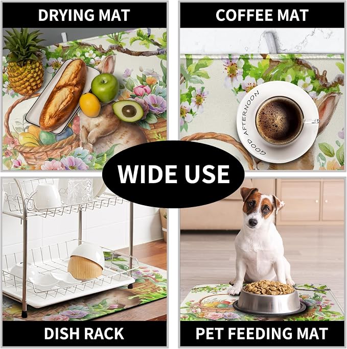 Happy Easter Bunny Kitchen Dish Drying Mat for Dishes 18x24 Inch Spring Colorful Floral Flower Basket Drying Mats Easter Eggs Dish Drainer Mat Super Absorbent Dish Rack Pad for Coffee Bar Sinks