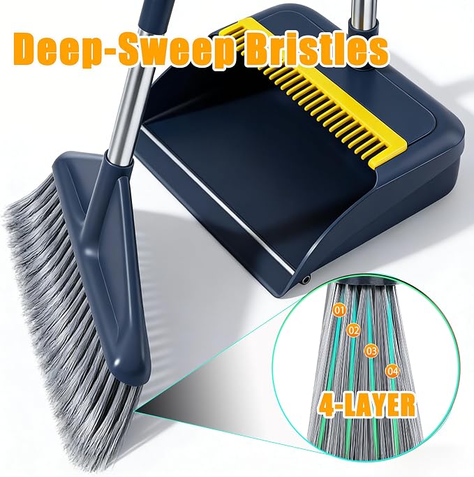 Broom and Dustpan Set with 52" Long Handle | Stand Up Dustpan with No Warping Metal Edge, 4-Layer Flagged-Tip Bristles, Hair Cleaning Teeth for Home, Kitchen & Office