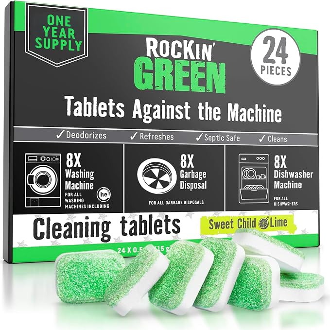 Rockin' Green Deep Cleaning and Deodorizing Tablets for Dishwashers, Washing Machines, and Garbage Disposals, Removes Odor and Residue (Multi-purpose Cleaning Tablets, 24 Pack)