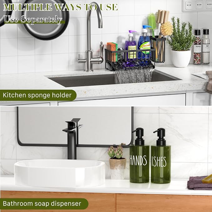 MASADI Kitchen Dish Soap Dispenser Set with Sponge Holder, 12OZ Glass Bottle, Hand and Dish Soap Dispenser Set, Non-Slip Silicone Pad, Brush Holder, Kitchen Sink Organizer Countertop (Black+Green)