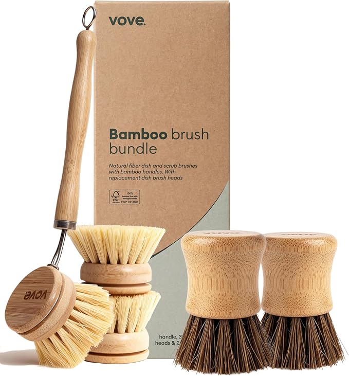 Vove Plastic-Free Dish Brush Bundle, Bamboo Dish Brush and Scrub Brush with 3 Replacement Heads, FSC-Certified Bamboo with Natural Fiber Bristles, Complete Zero-Waste Kitchen Cleaning Set