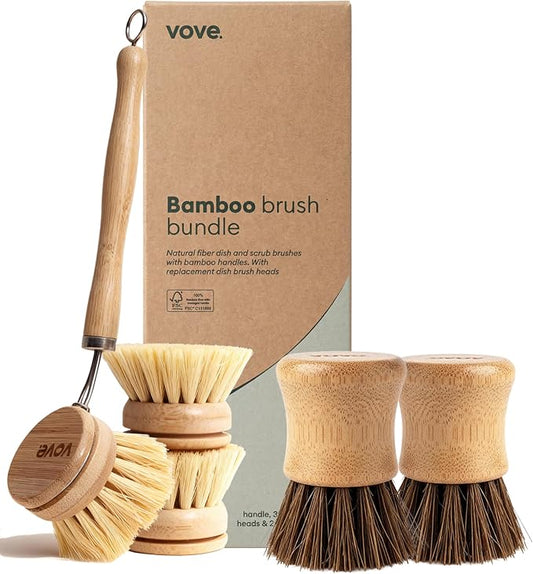 Vove Plastic-Free Dish Brush Bundle, Bamboo Dish Brush and Scrub Brush with 3 Replacement Heads, FSC-Certified Bamboo with Natural Fiber Bristles, Complete Zero-Waste Kitchen Cleaning Set