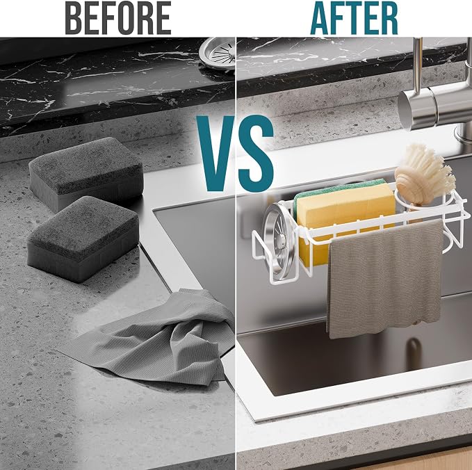 TAILI Sponge Holder with Strong Suction Cup, 4-in-1 Rustproof Sink Organizer - Sink Caddy Holds Sponges, Brushes, Stoppers & Scrapers -White