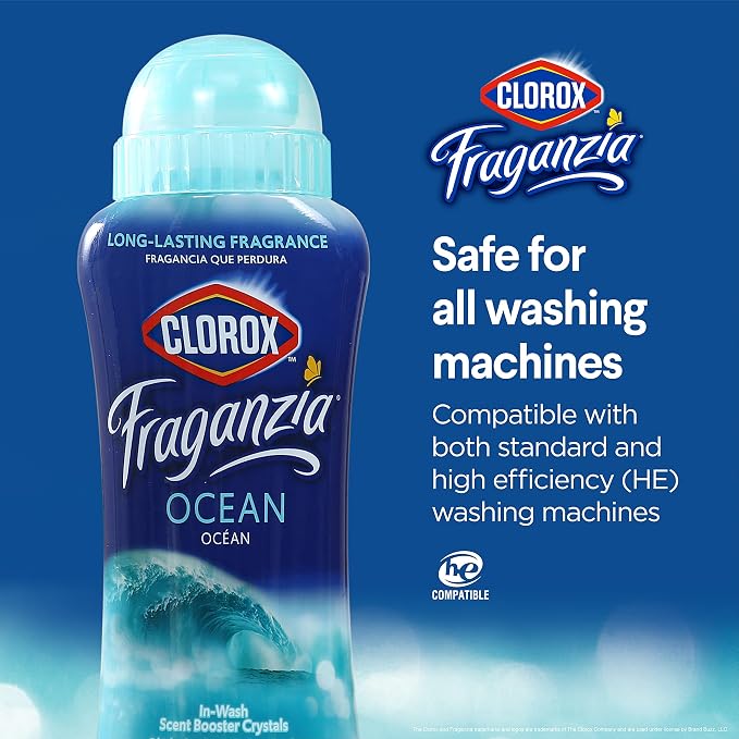 Clorox Fraganzia In-Wash Laundry Scent Booster Crystals, Ocean Scent Fragrance Beads for Clothes and Linens, Safe for All Fabrics and Colors, HE Compatible, 18 Oz, 2 Pack