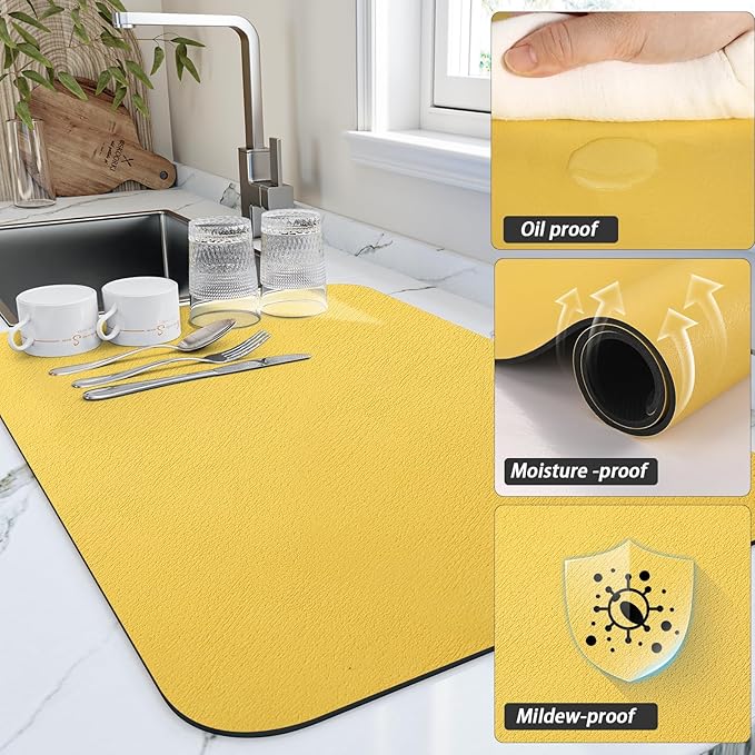 HotLive Dish Drying Mat for Kitchen Counter, Heat Resistant Drainer Mats with Non-slip Rubber Backed, Hide Stain Kitchen Super Absorbent Draining Mat, Easy to Clean Dish Rack Pad, Yellow 18"x24"