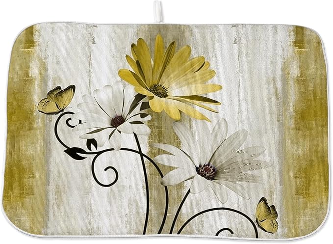 Floral Dish Drying Mat 18x24 Inches For Kitchen Counter Yellow Daisy Flower Kitchen Decoration Drying Mat Modern Decorative Drying Pad For Home Kitchen Decor,Dining Room,Office Decor
