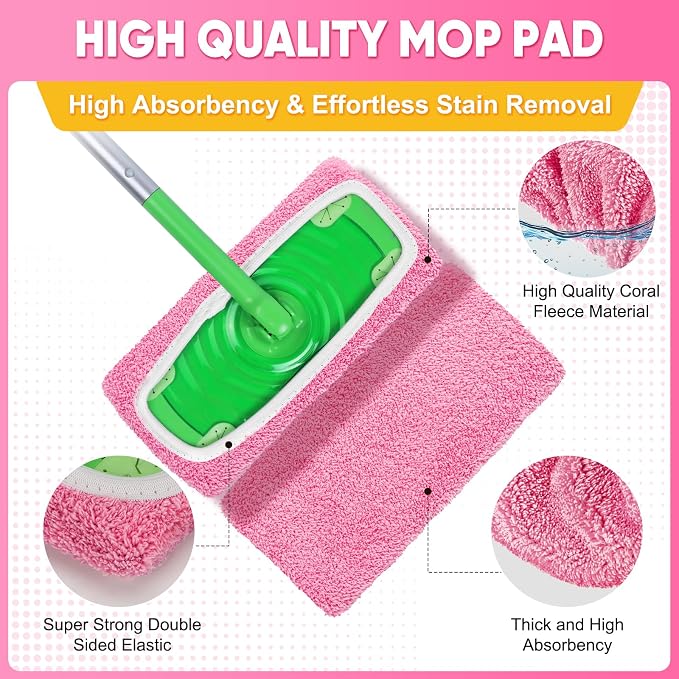 6-Pack Reusable Microfiber Mop Pads Compatible with Swiffer Sweeper, Dry & Wet Sweeping Cloths - Washable Wet Pads Refill for Multi-Surface/Hardwood Floor Cleaning -Pink