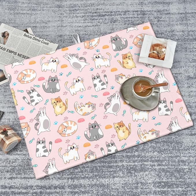 Pink Cat Dish Drying Mat for Kitchen Counter Cute Kitchen Dish Mat Microfiber Kitchen Countertop Absorbent Reversible Drainer Rack Pad