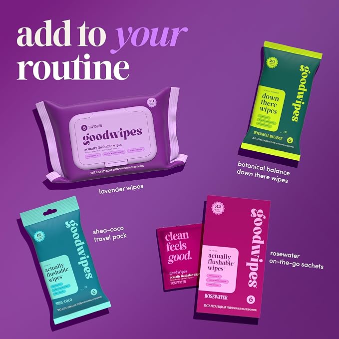 goodwipes Flushable Wipes - Lavender Wet Wipes for Adults, Sewer & Septic Safe, Guest Bathroom Essentials for Women & Men, pH Balanced & Extra Large, 153 Count (3 Packs and 3 Singles)