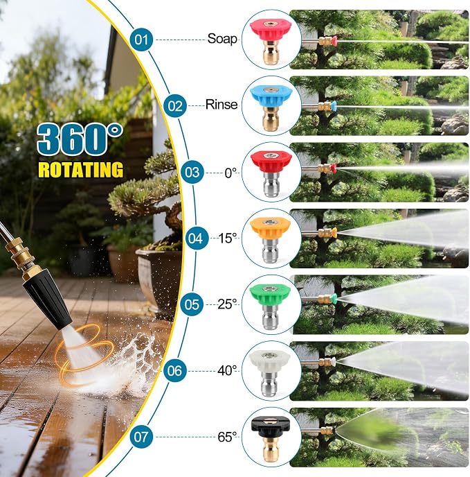 FIDISP Pressure Washer Tips Turbo Nozzle 4000 PSI, Rotating Pressure Washer Nozzle Tips with 1/4" & 3/8" Quick Connect, 7 Power Washer Tips for Concrete, Driveway, Brick Cleaning, 4.0 GPM
