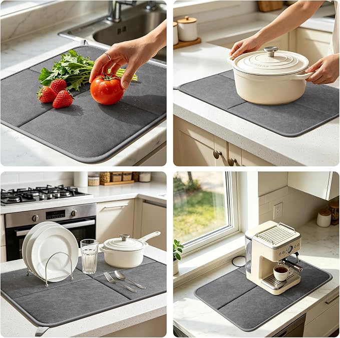 YDKGL 2 Pack PU Leather Dish Drying Mat for Kitchen Counter, Ultra Absorbent & Fast Drying Dish Mat Machine Washable Foldable Drying Pad for Countertops, Sinks, Draining Racks