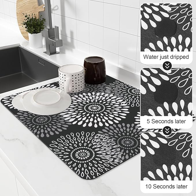 LuxStep Dish Drying Mat Super Absorbent Kitchen Counter Mat Rubber Backing Draining Mat Easy to Clean Kitchen Accessories Dish Rack Pad for Dishes, Utensils, Countertops, Sinks 15" x 18" Black