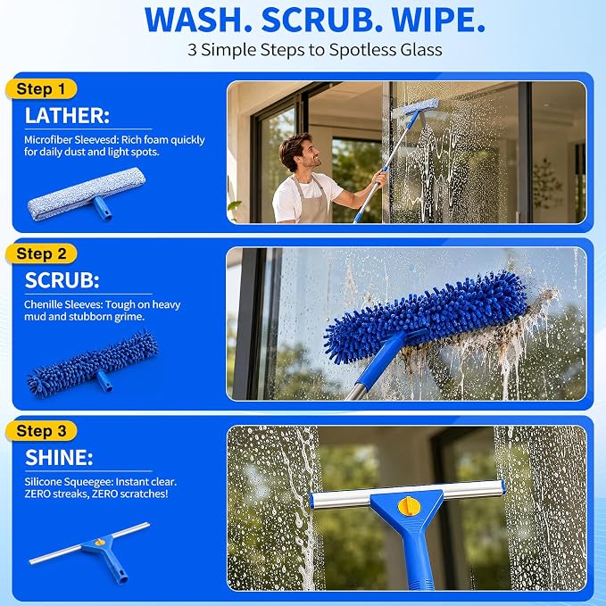 Window Cleaning Kit with 3 Gal Cleaning Bucket, Professional 14" Window Squeegee & 15" Window Scrubber with 78" Extension Pole, 18 PCS Glass Cleaning Tool Set for Home, Outdoor Car Window Cleaner