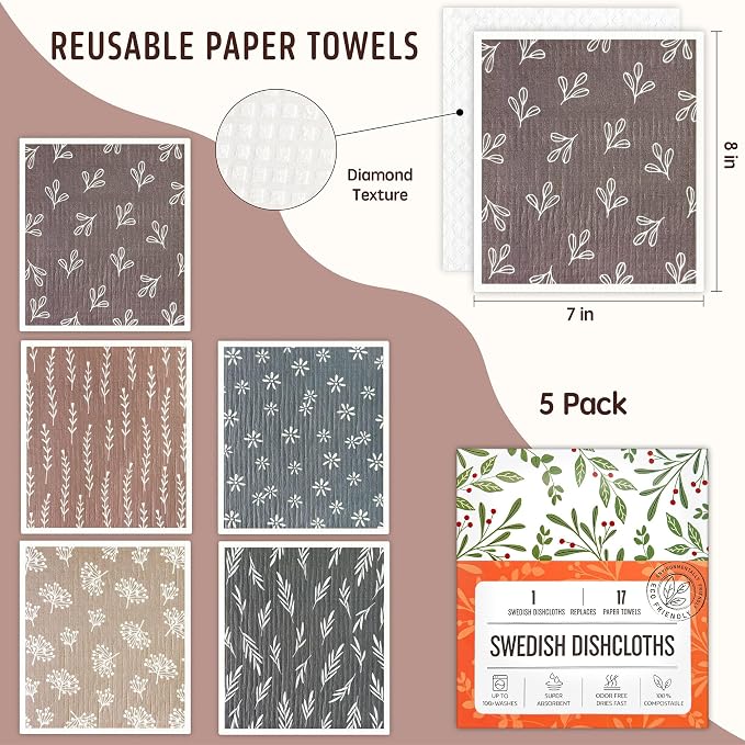 Swedish Dishcloths for Kitchen, 5 Pack Reusable Paper Towels Washable, Super Absorbent Swedish Dish Cloths, Non-Scratch, Biodegradable