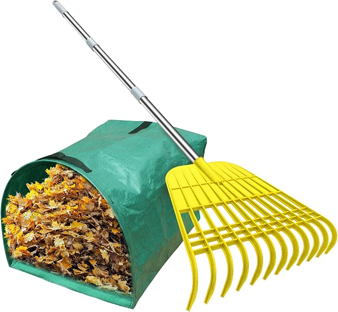 Gardzen 12 Tines Gardening Leaf Rake | Lightweight Steel Handle, Detachable, Ideal Camp Rake, Comes with Dustpan-Type Garden Bag - Yellow