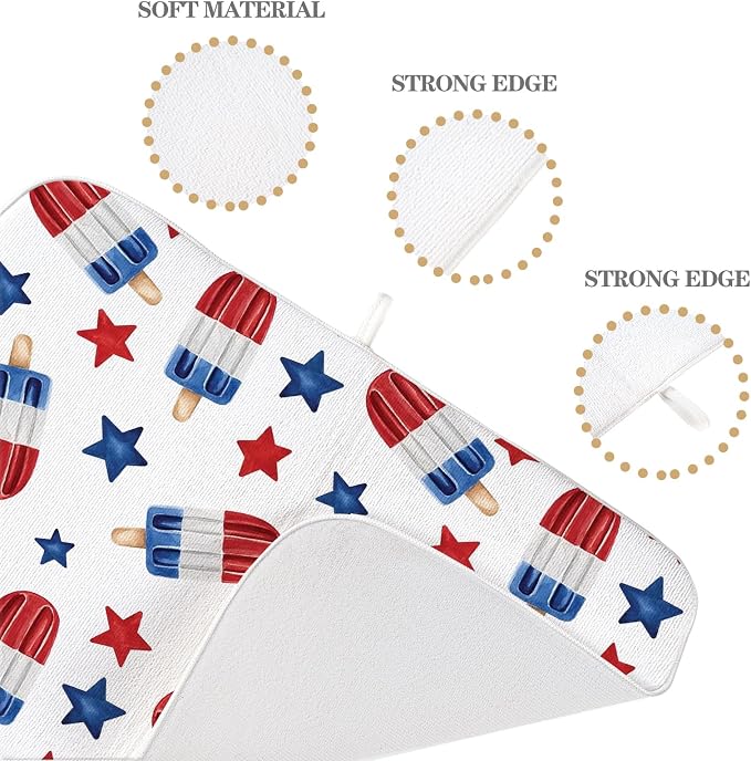 4th of July Dish Drying Mat 18x24 Inch Blue Red Ice Cream Stars Patriotic Drying Mat Independence Day Memorial Day Absorbent Dish Drying Pad Dish Rack Drainer Mats for Kitchen Dining Counter