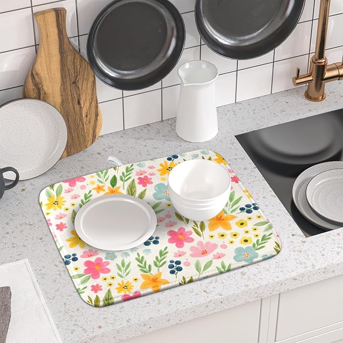 Spring Easter Floral Dish Drying Mat for Kitchen Counter 16x18 Green Pink Yellow Blue Cute Flower Print Absorbent Reversible Microfiber Drying Mats Kitchen Countertop Protector Dishes Drainer Pad