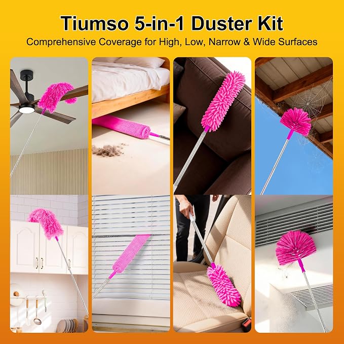 Tiumso 5-in-1 Duster with Extension Pole 100 inch Extendable Dusters for Cleaning Anti-Spin Reusable Dusting Kits for High Ceiling Fans, Cobwebs & Vents, Reinforced Stainless Steel Telescopic Handle