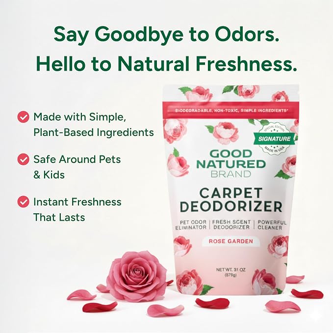 Good Natured Brand | Carpet Freshener & Deodorizer Powder | 31 oz Pet Odor Eliminator for Strong Odor & Pet Urine | Fresh Natural Rose Garden Scent | Safe for Homes with Pets