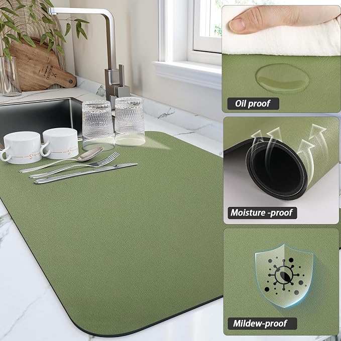 HotLive Dish Drying Mat for Kitchen Counter, Heat Resistant Drainer Mats with Non-slip Rubber Backed, Hide Stain Kitchen Super Absorbent Draining Mat, Easy to Clean Dish Rack Pad, Green 18"x28"