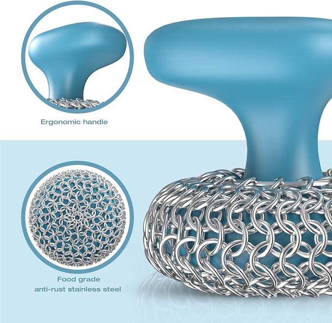 Cast Iron Scrubber | Dish Scrub Brush | 316 Cast Iron Cleaner Chainmail Scrubber for Pan Skillet Cleaner - Blue